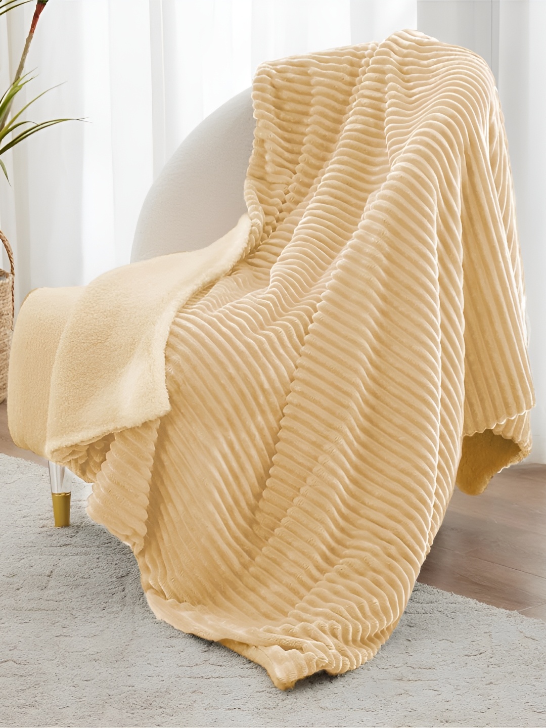 

bsb home Beige Striped Fleece Mild Winter 500 GSM Double Bed Blanket