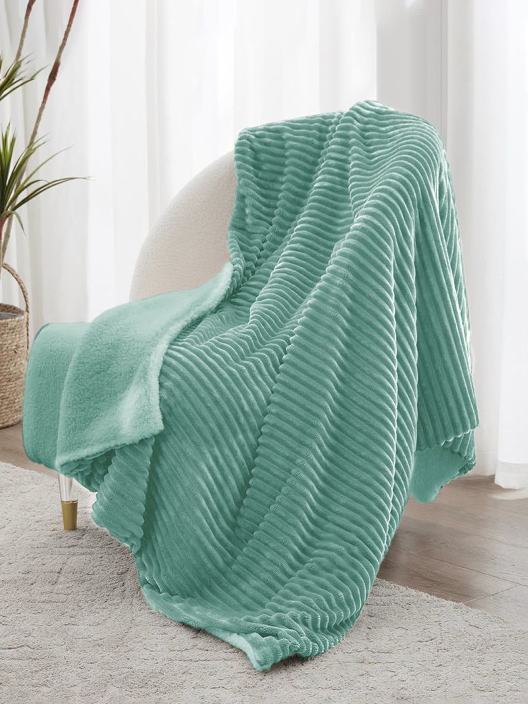 

bsb home Sea Green Striped Mild Winter Fleece 500 GSM Double Bed Blanket