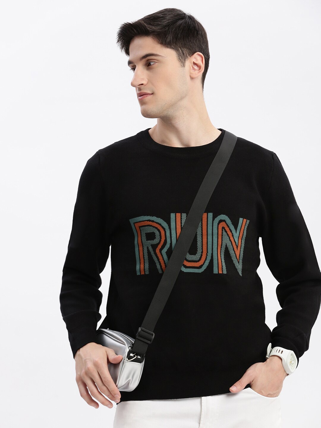 

SHOWOFF Round Neck Long Sleeves Typography Pullover Sweaters, Black