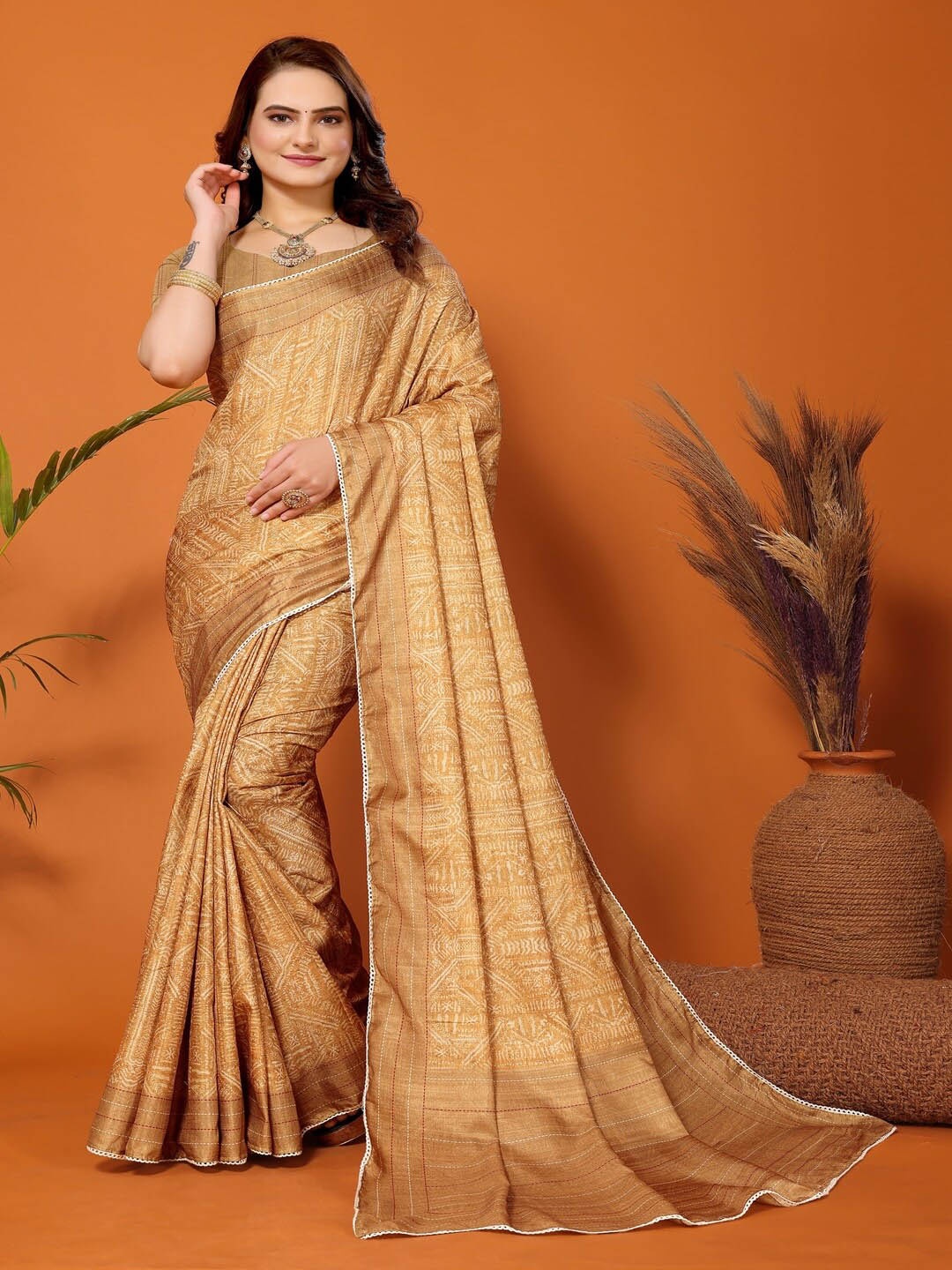 

ARYZE Ethnic Motifs Printed Saree, Mustard