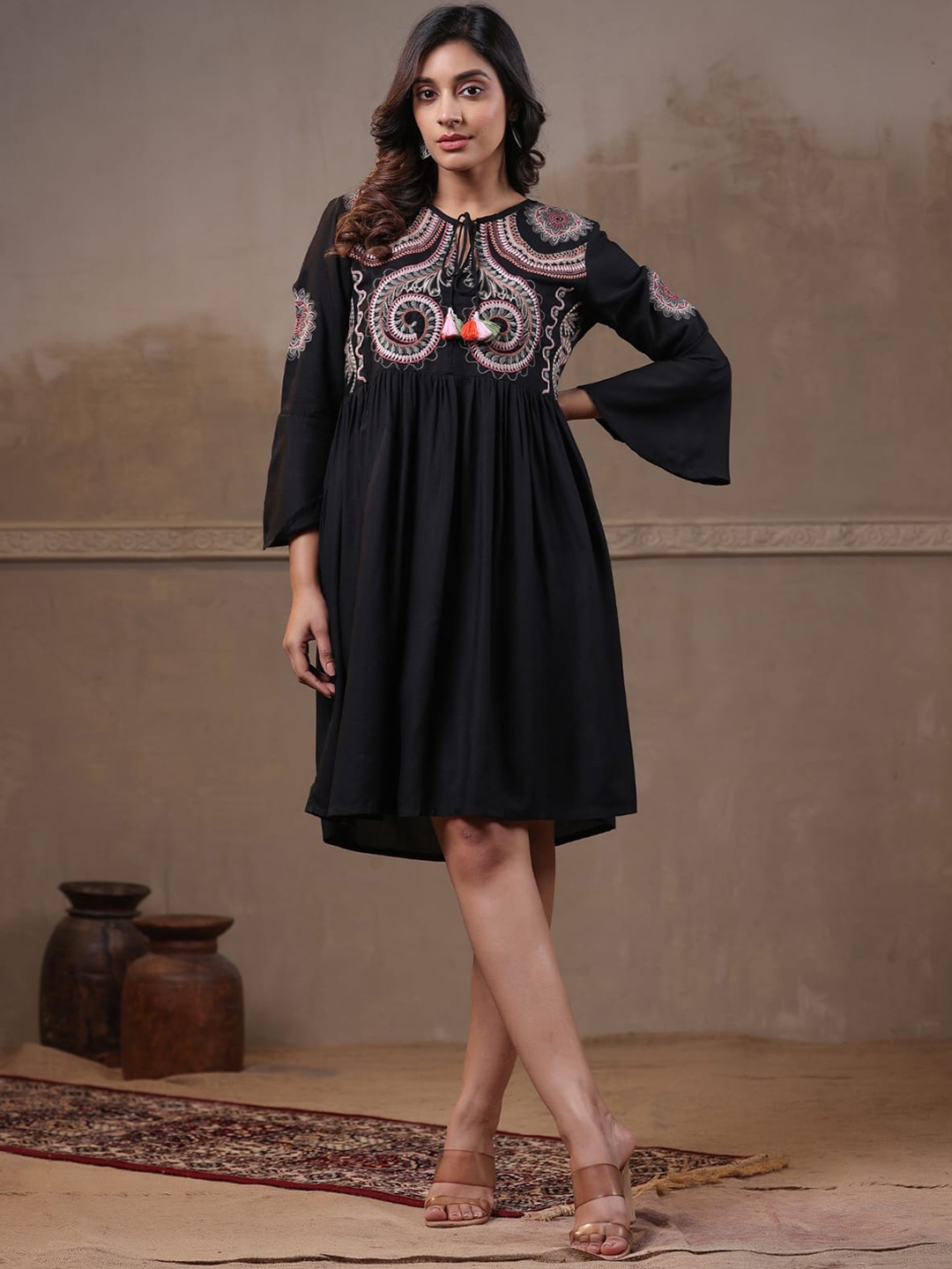 

Sangria Black Ethnic Motifs Embroidered Tie-Up Neck Gathered A-Line Ethnic Dress