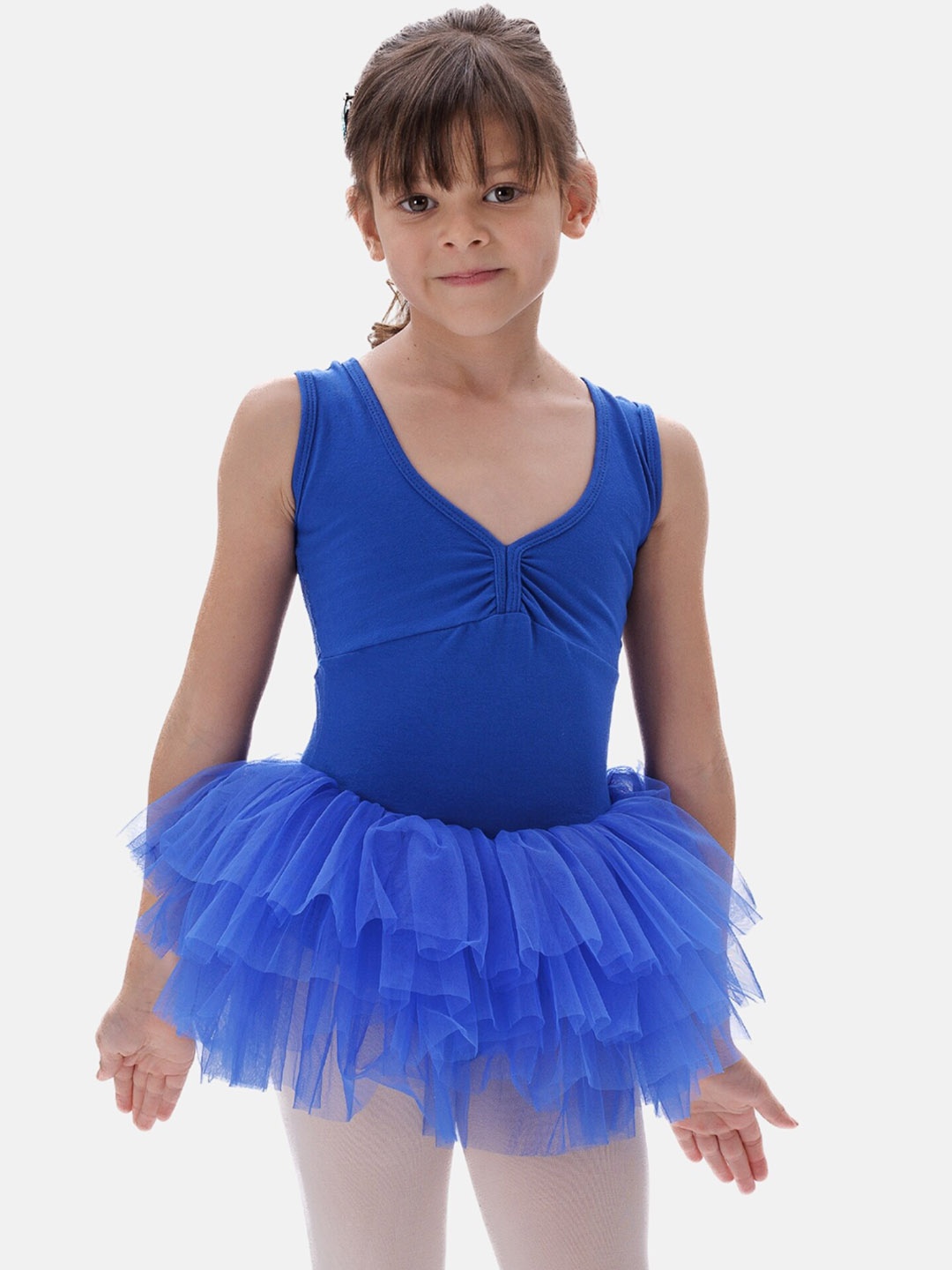 

IKAANYA Girls Sweetheart Neck Sleeveless Layered Leotard Dress With Lace Insert Detail, Blue