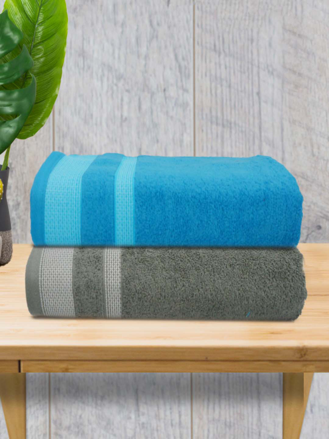 

Athom Living Grey & Blue 2 Pieces Cotton Bath Towels
