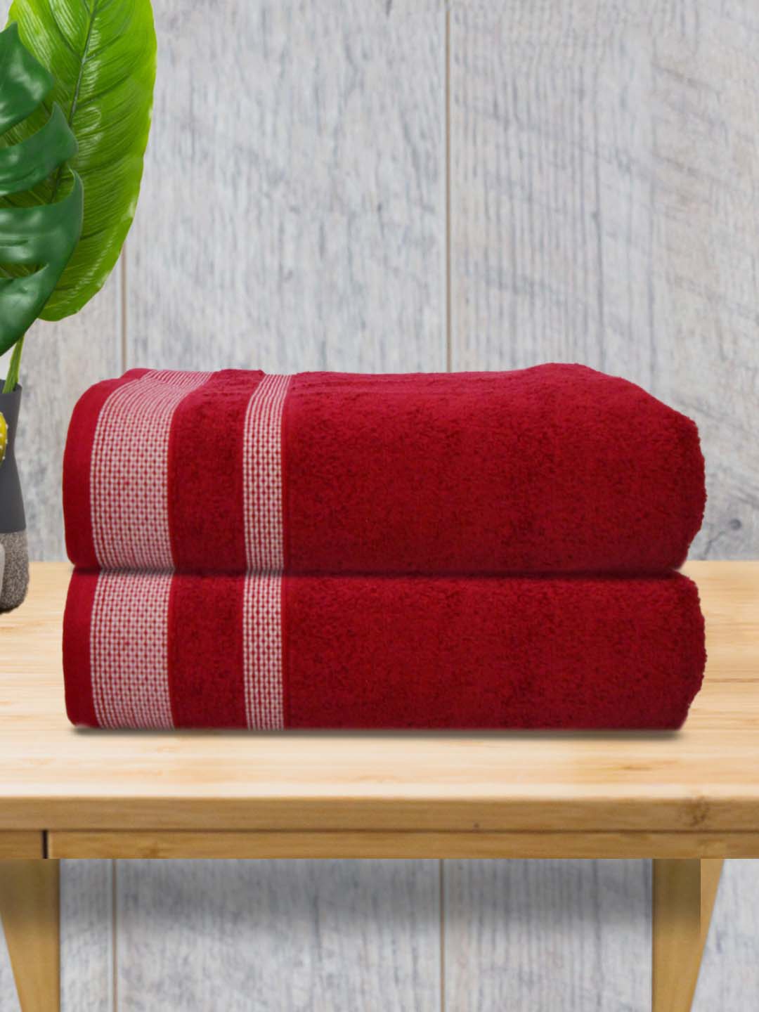 

Athom Living Maroon 2 Pieces Striped Cotton 500 GSM Bath Towels