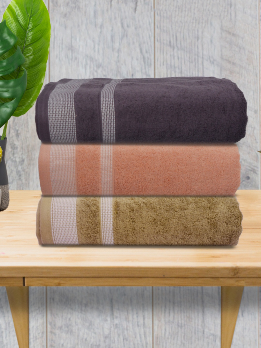 

Athom Living Brown & Grey 3 Pieces Striped Cotton 500 GSM Bath Towels