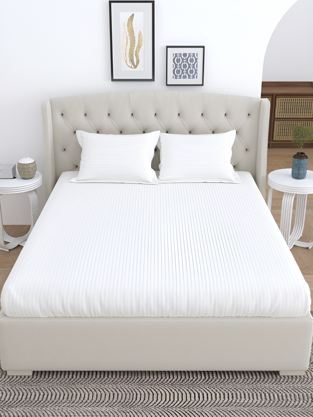 

Salona Bichona White Striped 180 TC Cotton Queen Bedsheet with 2 Pillow Covers