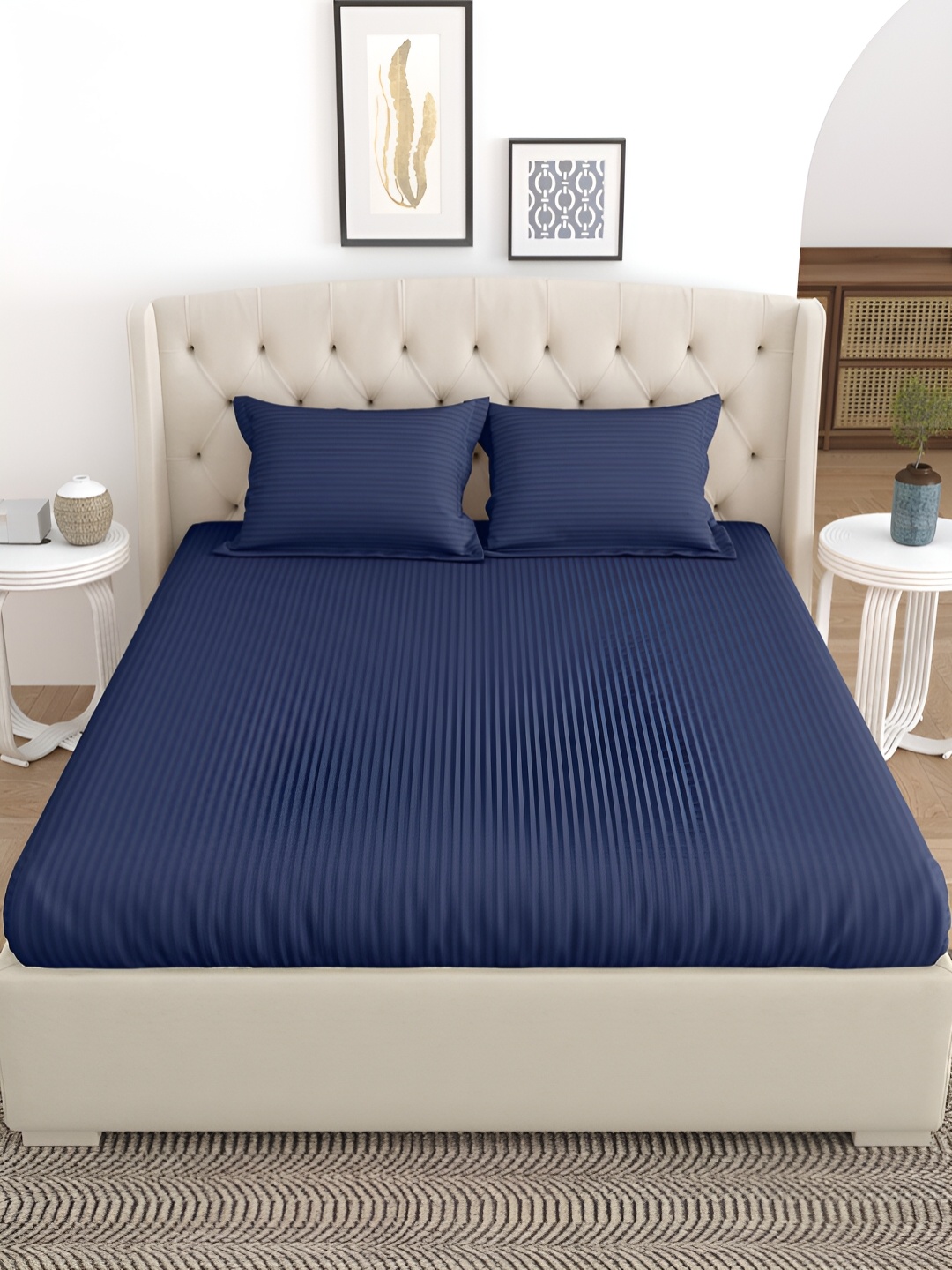 

Salona Bichona Blue Striped 180TC Cotton Bedsheet With 2 Pillow Covers
