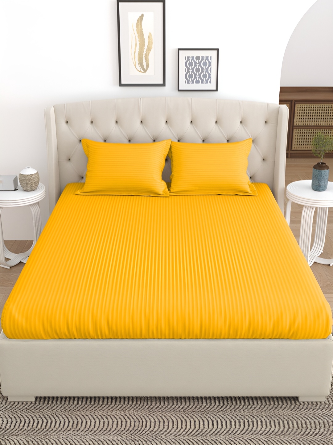 

Salona Bichona Yellow Striped 180 TC Cotton Queen Bedsheet with 2 Pillow Covers