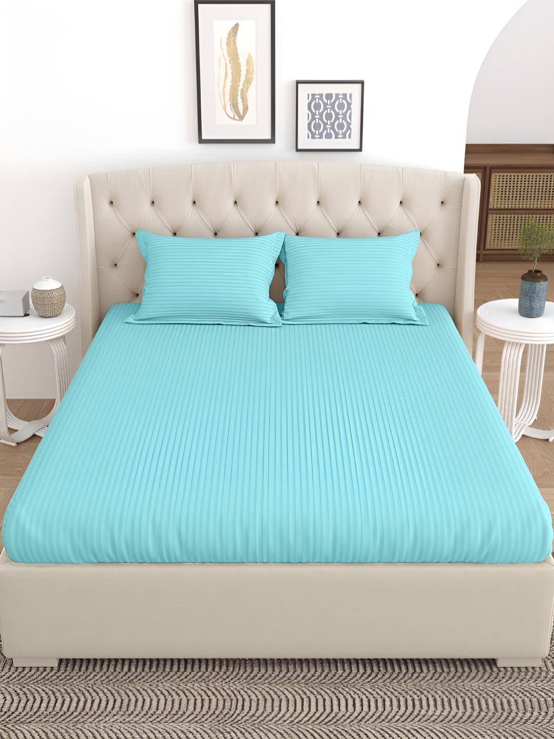 

Salona Bichona Turquoise Blue Striped 180 TC Cotton Queen Bedsheet with 2 Pillow Covers