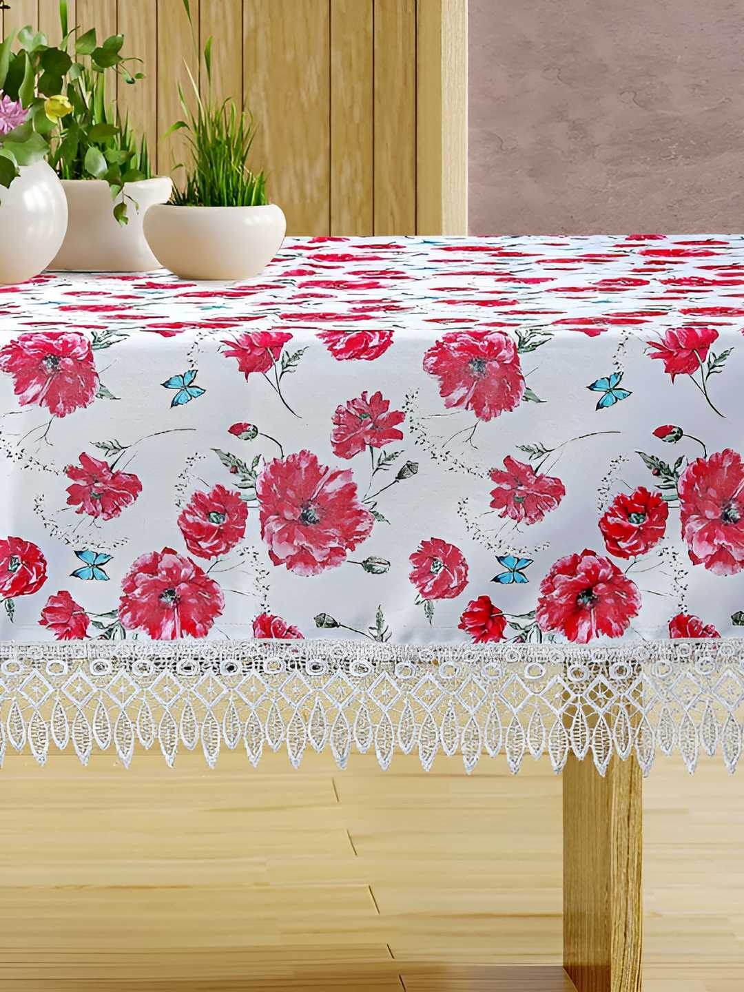 

CASA-NEST White & Pink Floral Printed Cotton 4 Seater Table Cover
