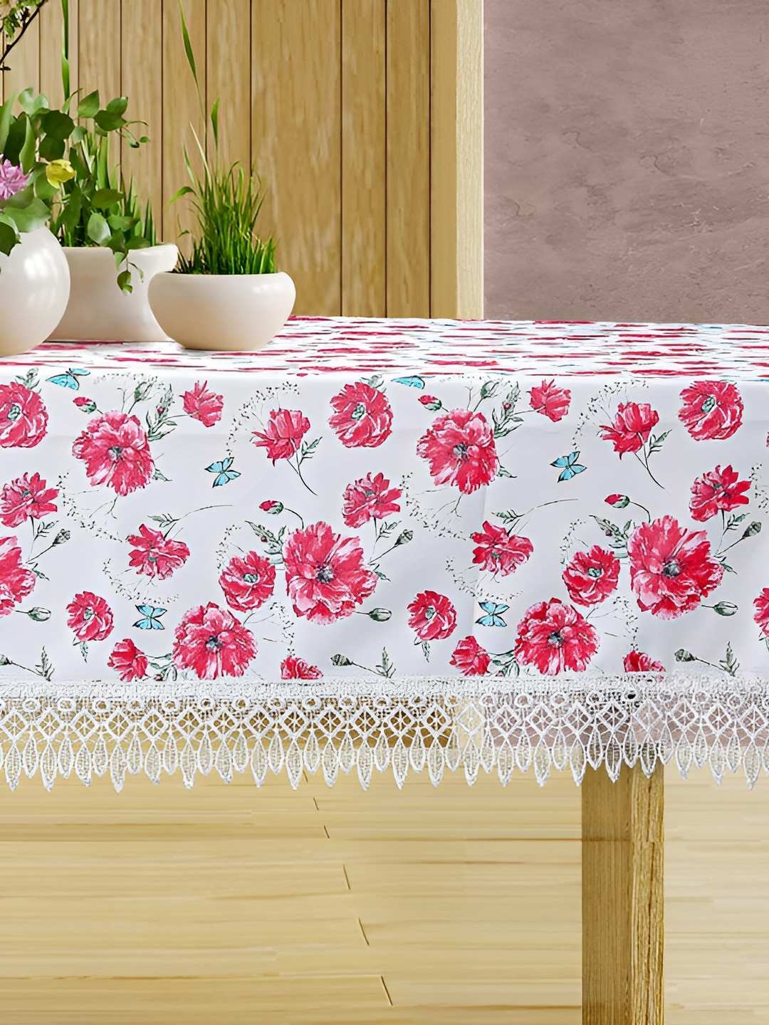 

CASA-NEST White & Pink Floral Printed Cotton 6 Seater Table Cover