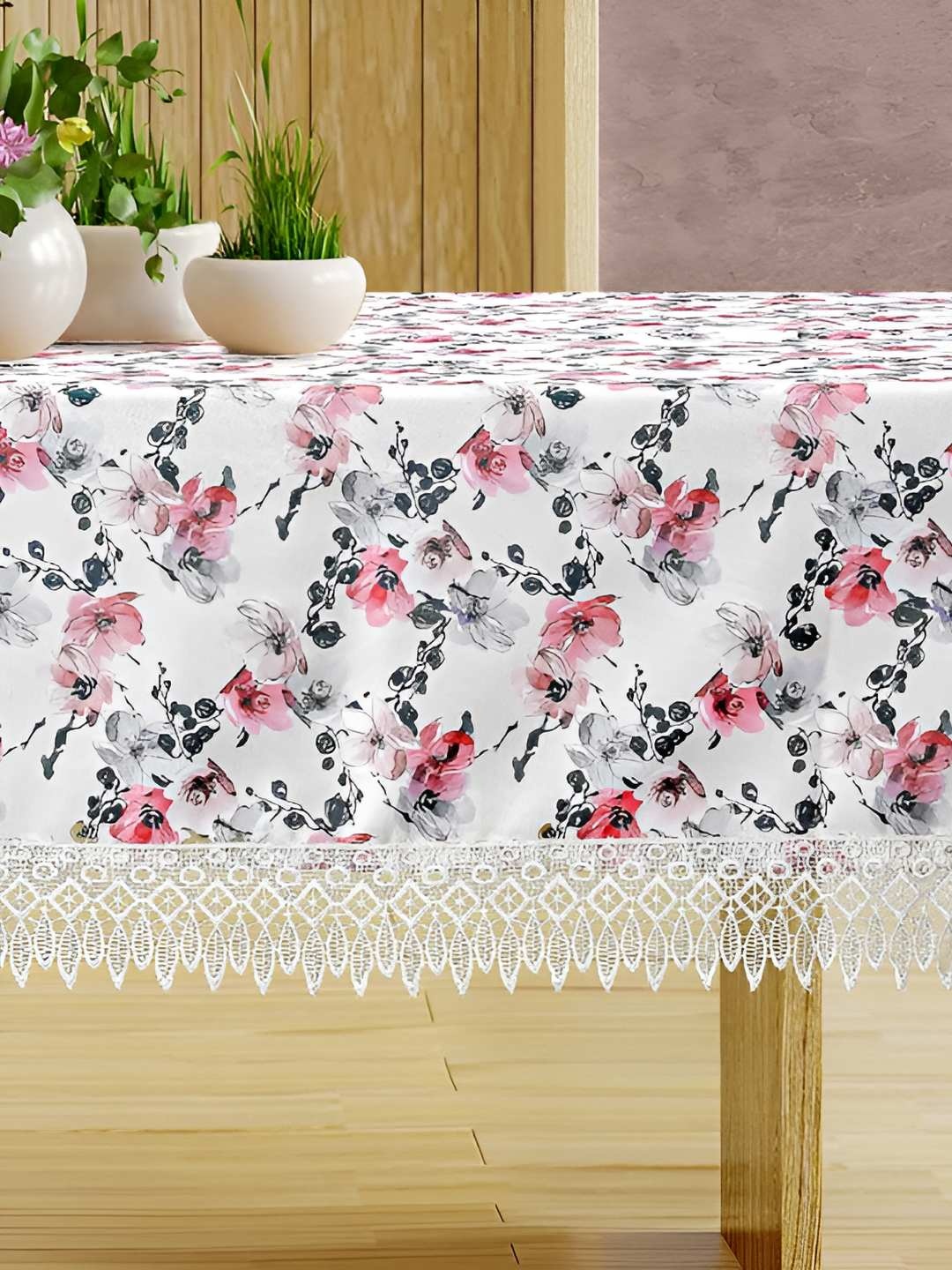 

CASA-NEST White & Pink Floral Printed Cotton 4 Seater Table Cover