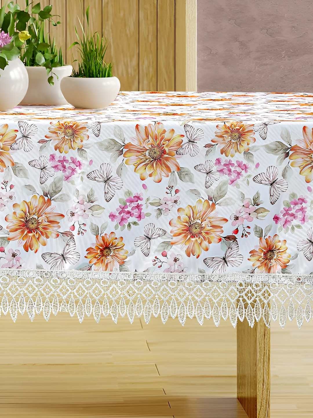 

CASA-NEST White & Orange Floral Printed Cotton 6 Seater Table Cover