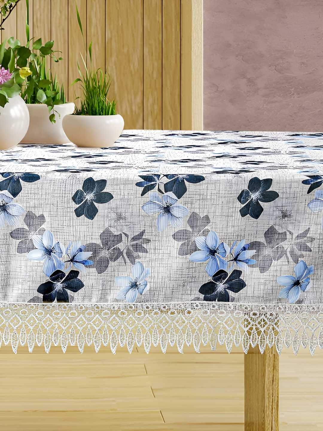 

CASA-NEST White & Blue Floral Printed Cotton 6 Seater Table Cover