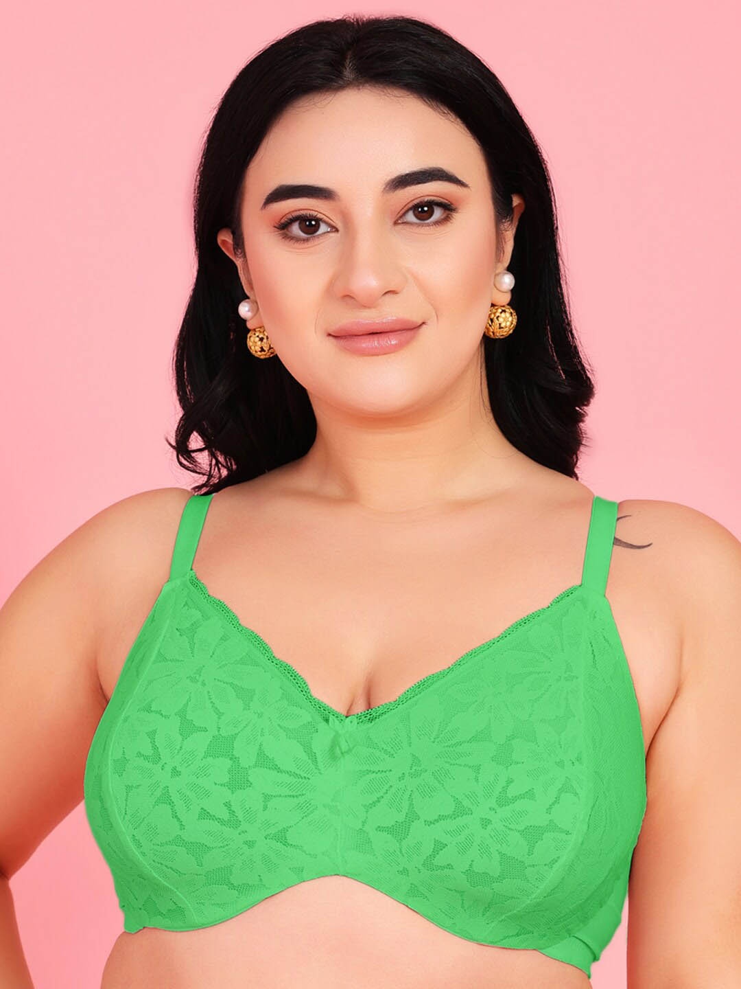 

Curvy Love Plus Size Full Coverage Underwired Lace Bra With All Day Comfort, Green