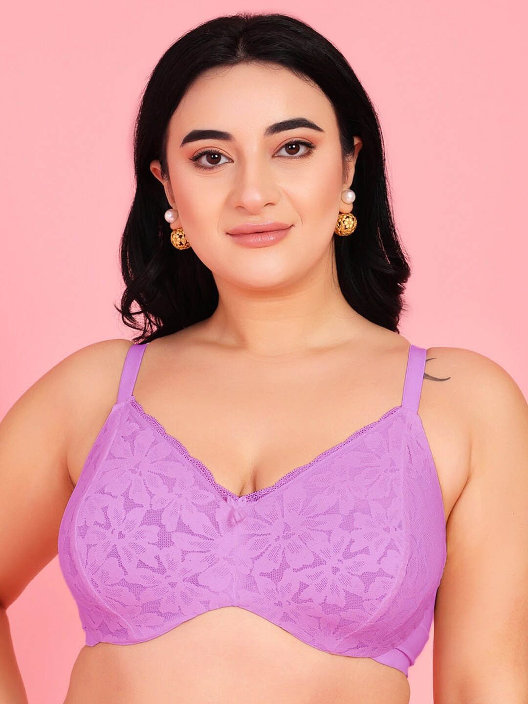 

Curvy Love Plus Size Full Coverage Underwired Lace Bra With All Day Comfort, Lavender