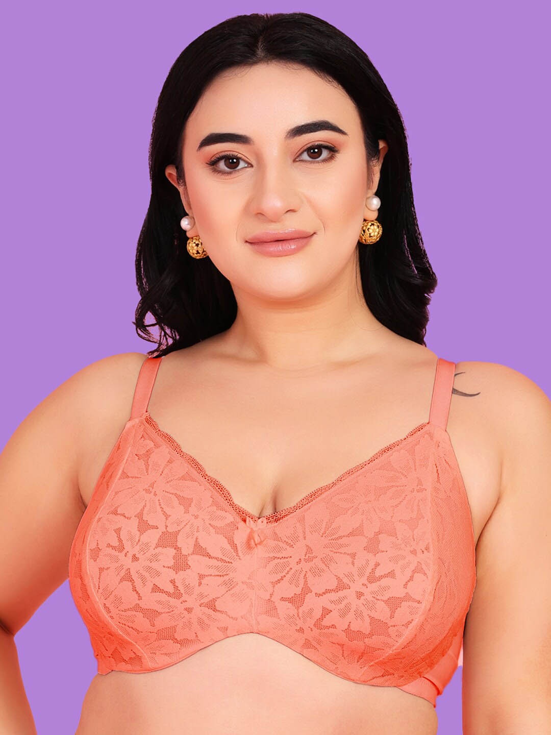 

Curvy Love Plus Size Full Coverage Underwired Lace Bra With All Day Comfort, Peach