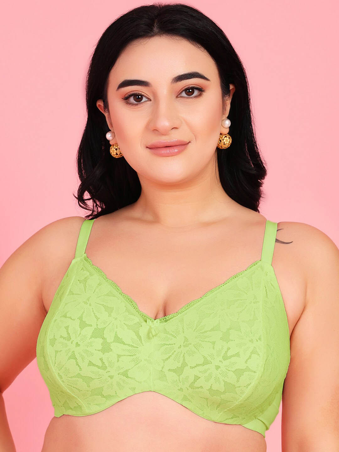 

Curvy Love Plus Size Full Coverage Underwired Lace Bra With All Day Comfort, Lime green