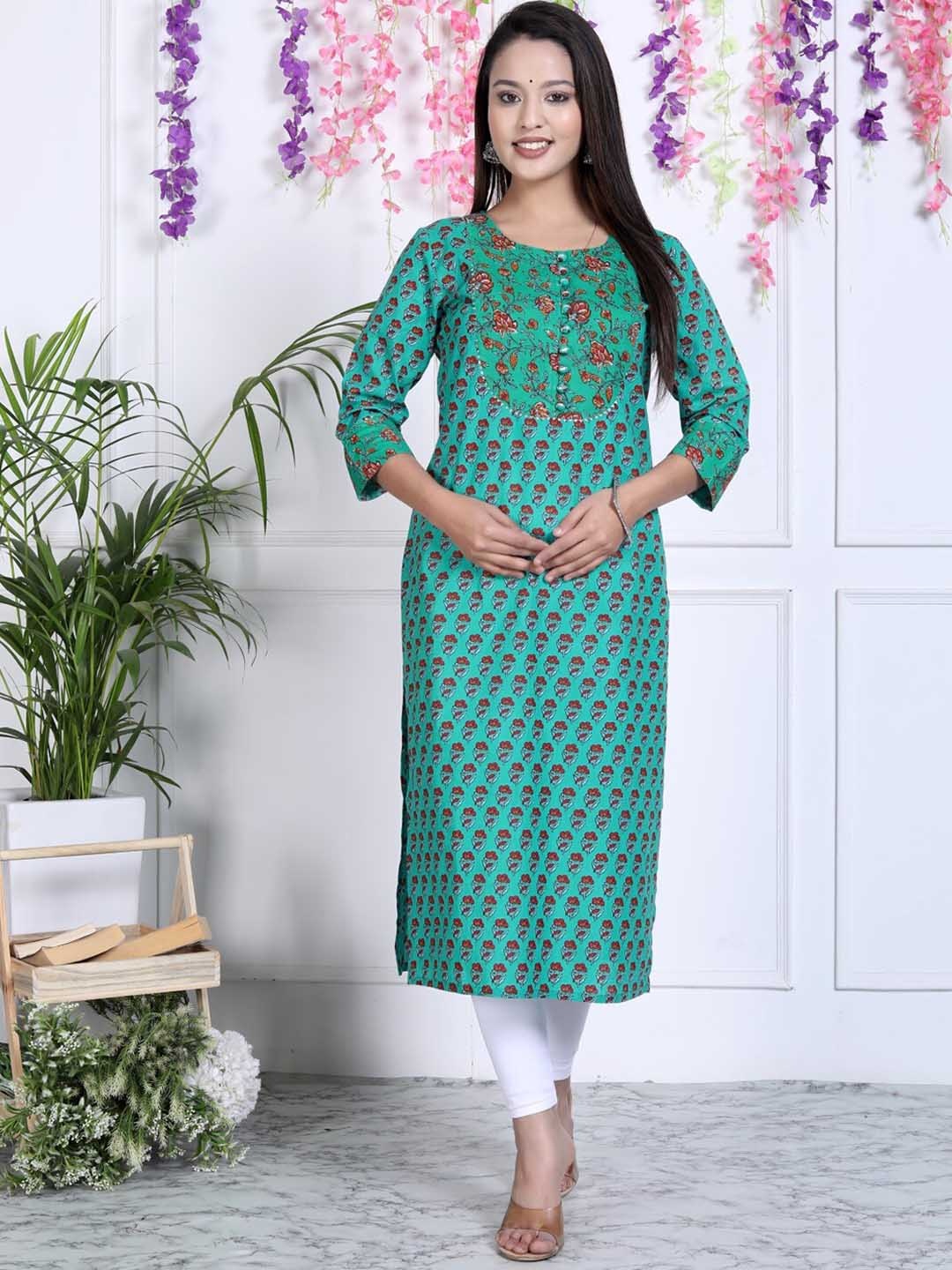 

Swasti Floral Printed Cotton Flared Sleeves Curved A-Line Kurta, Turquoise blue