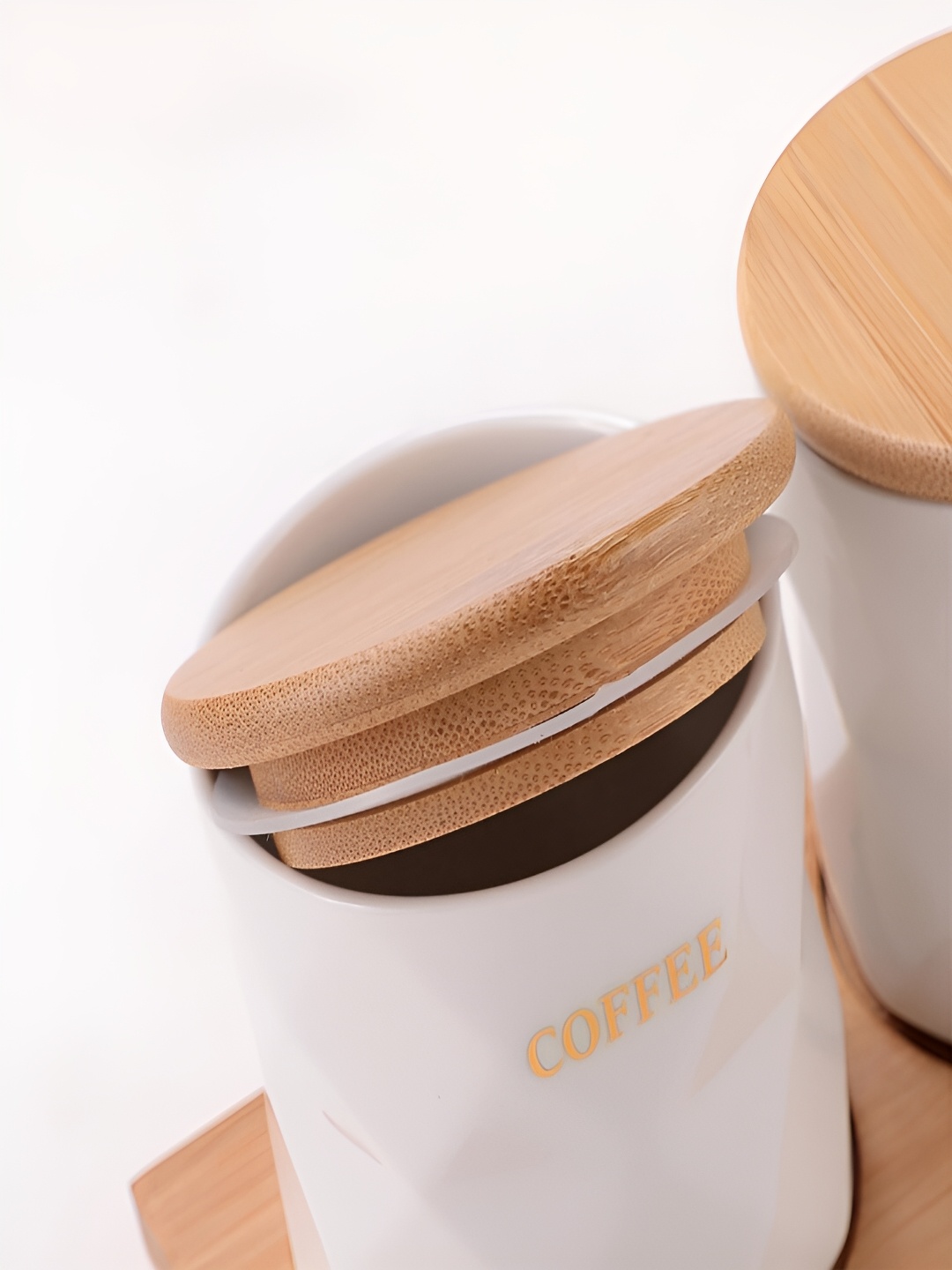 

Kuber Industries White 3 Pieces Tea Container With Lid & Wooden Tray 300 ml Each