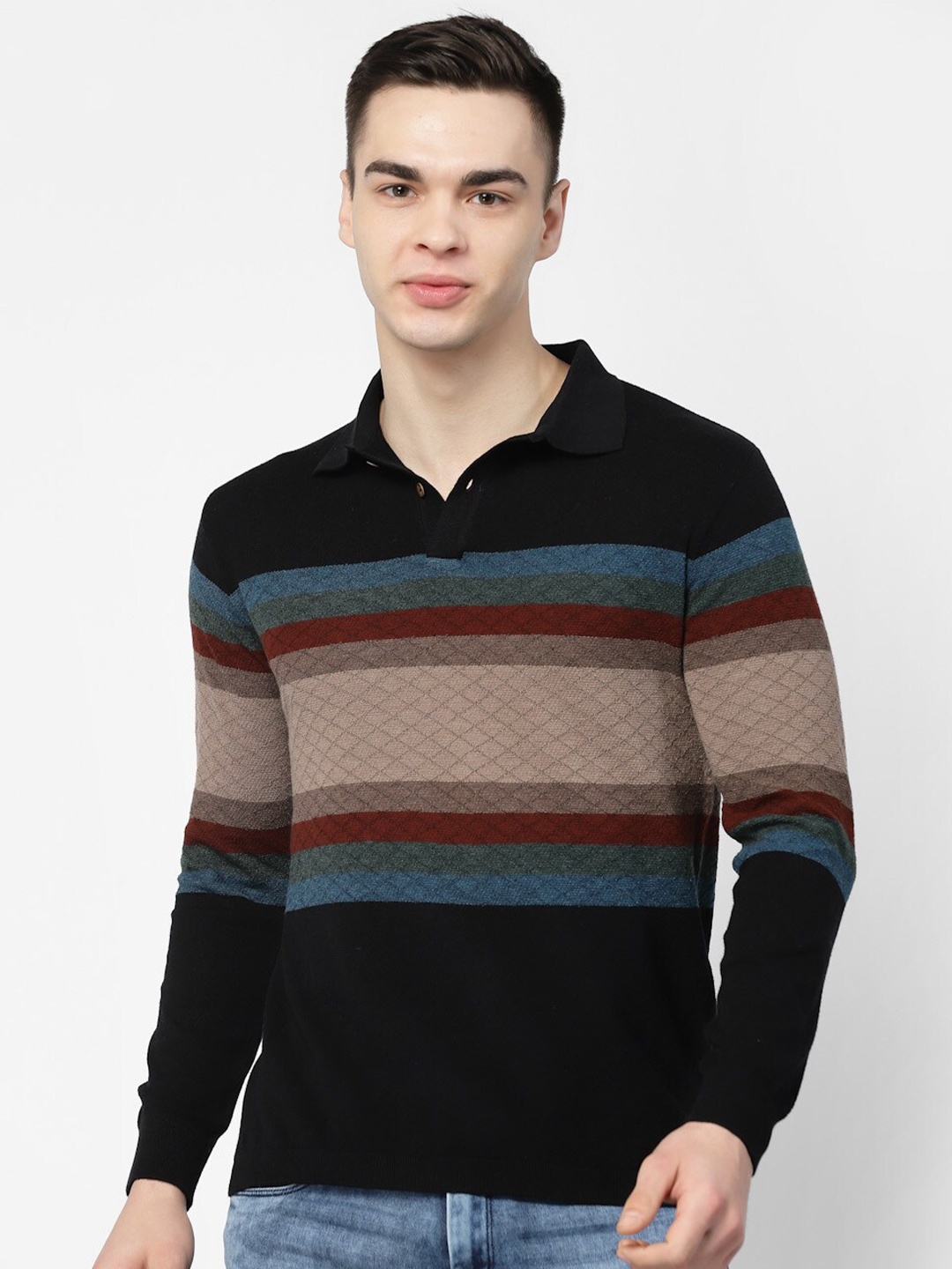 

Kalt Striped Polo Collar T-shirt, Black