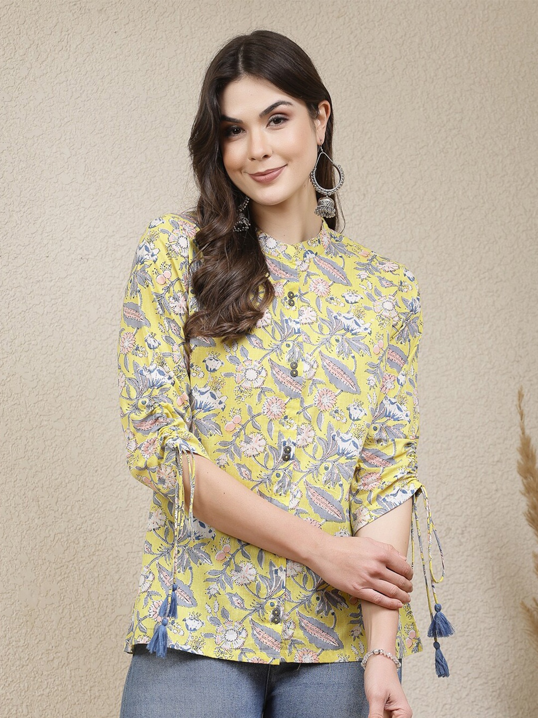 

Stylum Yellow Floral Printed Mandarin Collar Cotton Shirt Style Top