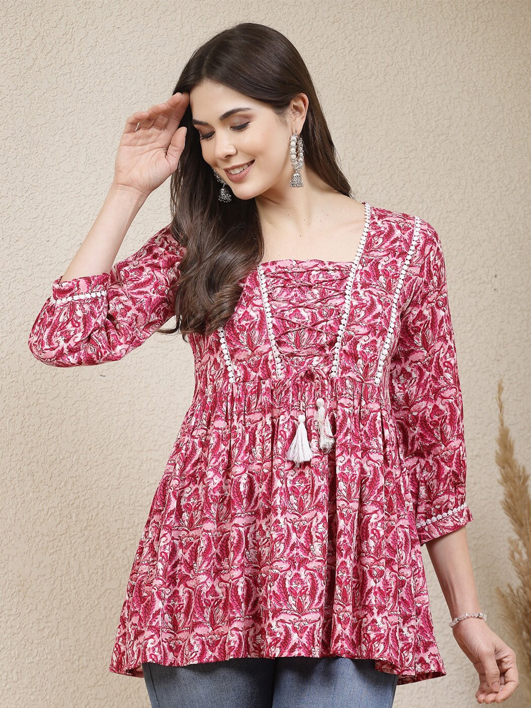 

Stylum Floral Printed Puff Sleeve Rayon Peplum Empire Top, Pink
