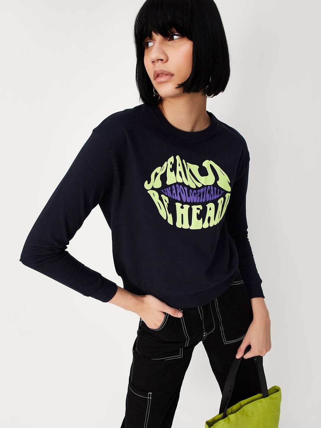 

max Typography Printed Round Neck Pure Cotton Pullover Sweatshirt, Navy blue