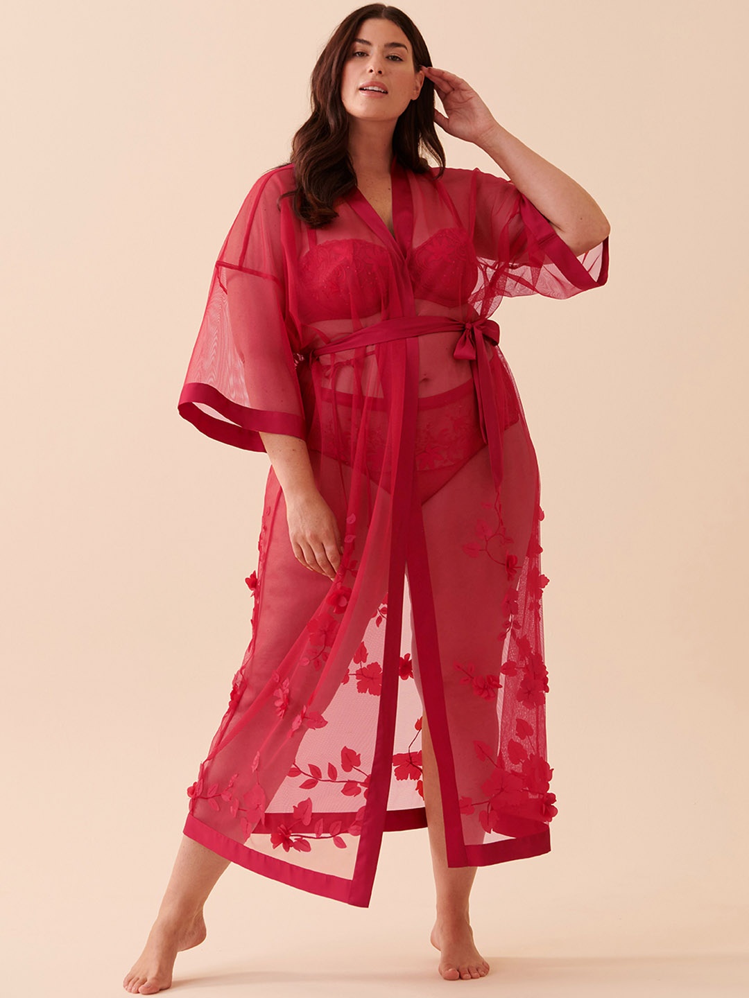 

La Vie en Rose Self Design Sheer Robe, Red