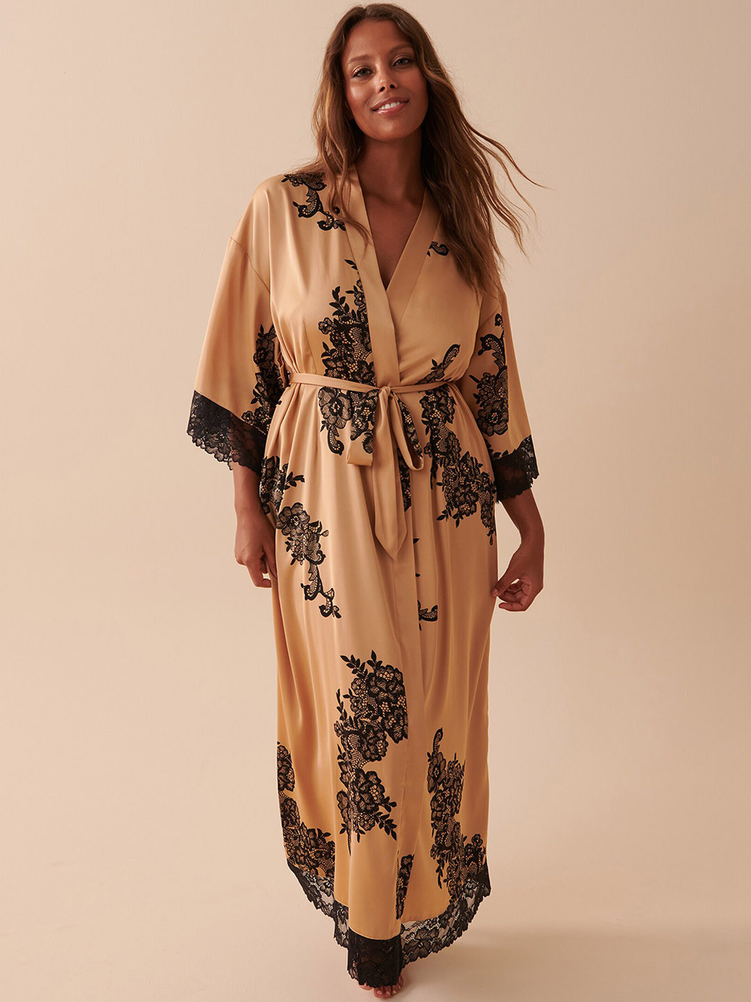 

La Vie en Rose Self Design V-Neck Lace Inserts Waist Tie-Ups Front-Open Maxi Robe, Beige