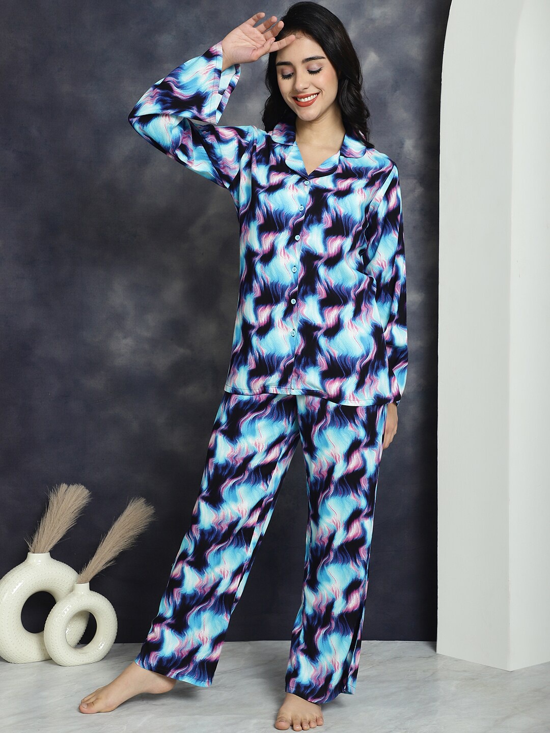 

Claura Printed Shirt & Pyjamas Night suit, Blue