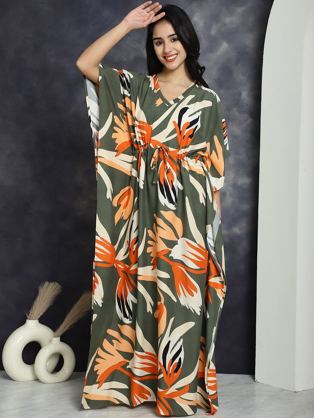 

Claura Printed Maxi Kaftan Nightdress, Green