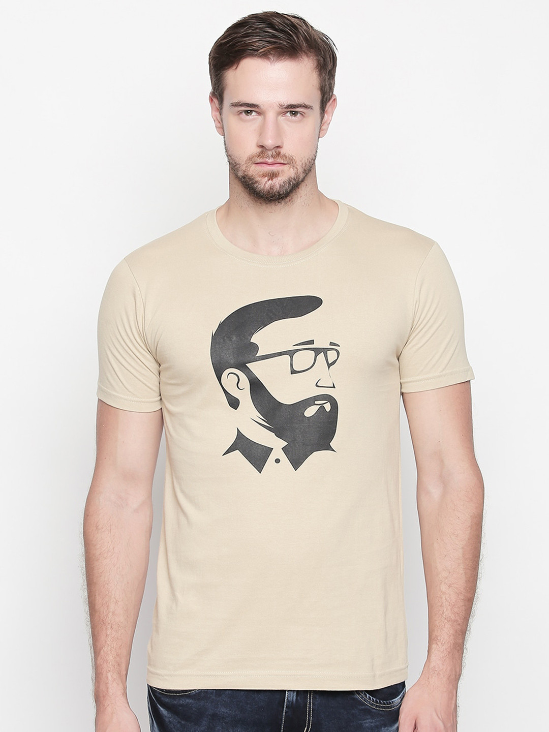 

ROLLER FASHIONS Slim Fit Printed Round Neck Short Sleeve Cotton T-shirt, Beige