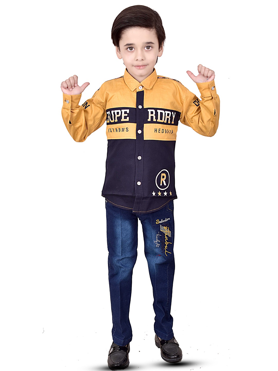 

BAESD Boys Printed Shirt Collar Shirt with Jeans, Yellow