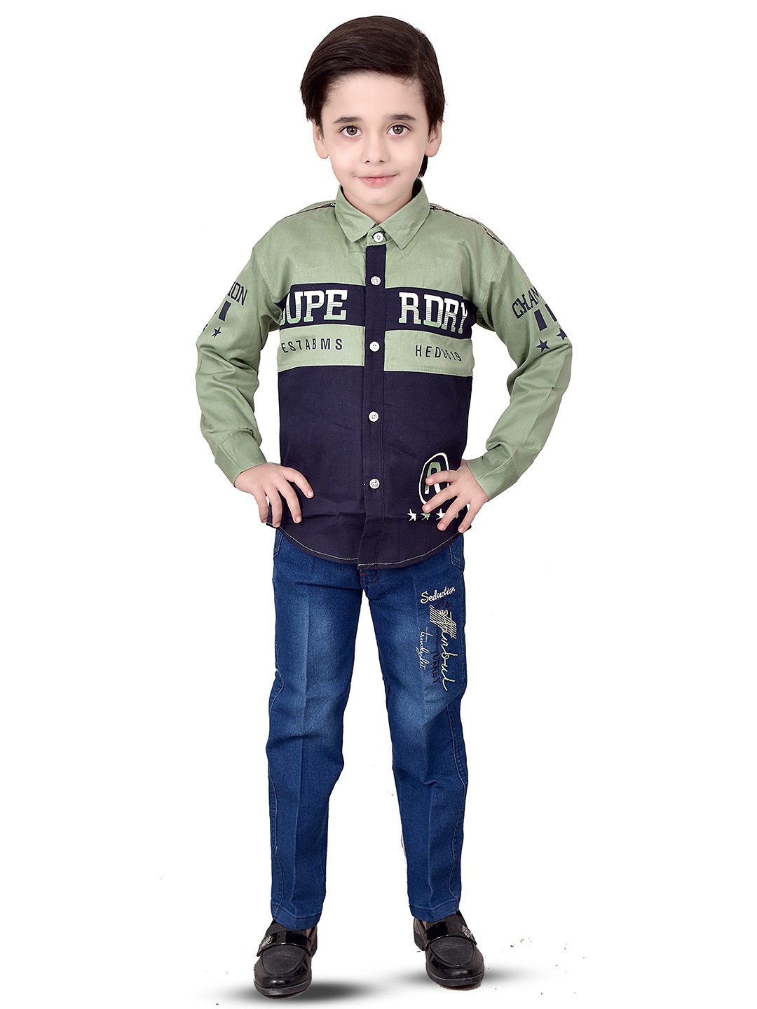 

BAESD Boys Typography Printed Shirt with Trousers, Green
