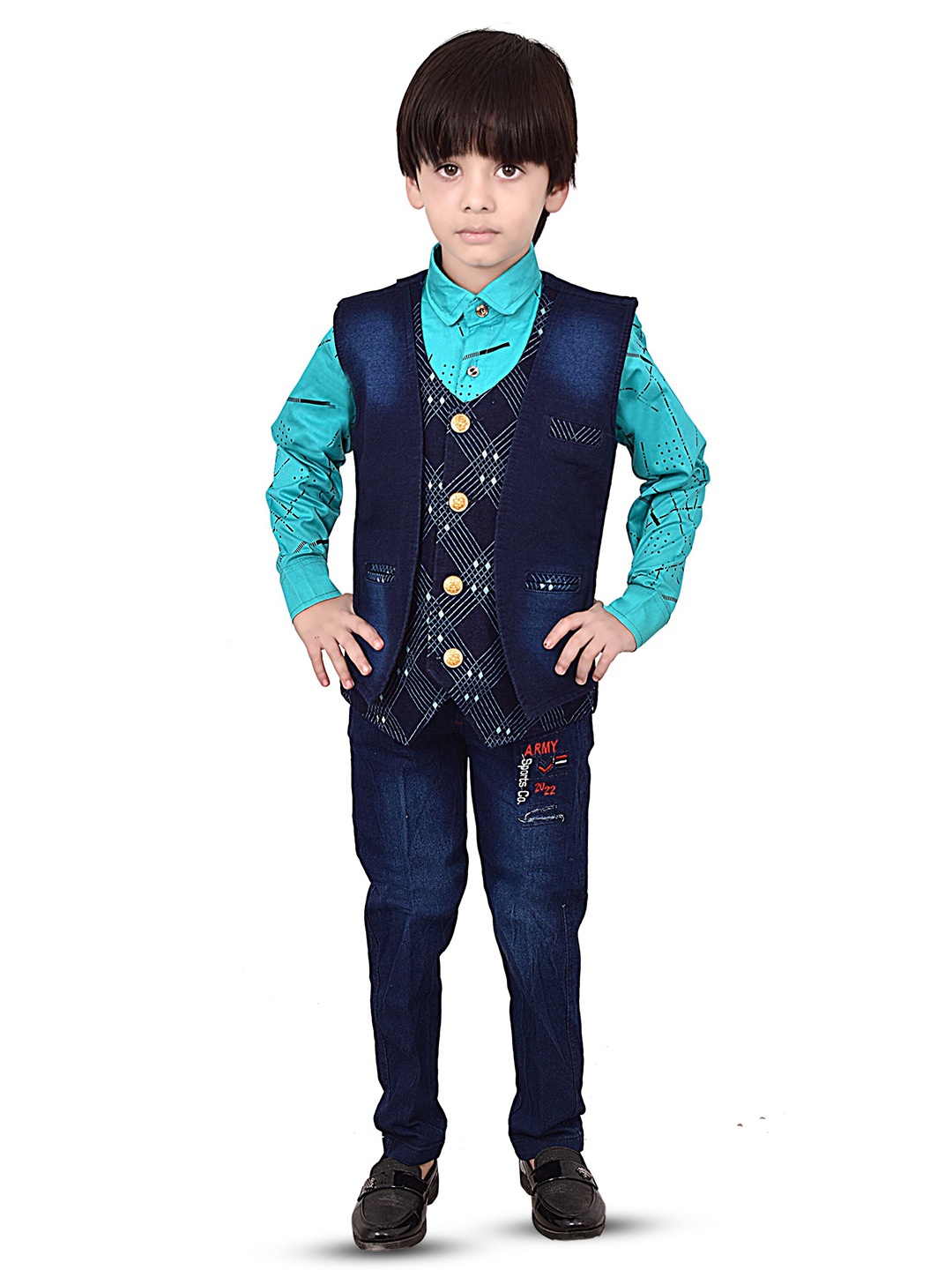 

BAESD Boys Printed Shirt Collar Shirt & Jeans With Waistcoat, Blue