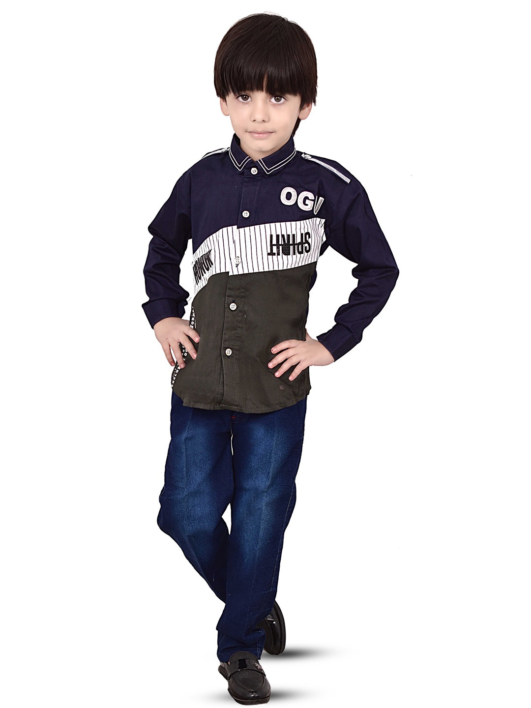 

BAESD Boys Printed Shirt Collar Shirt with Jeans, Green