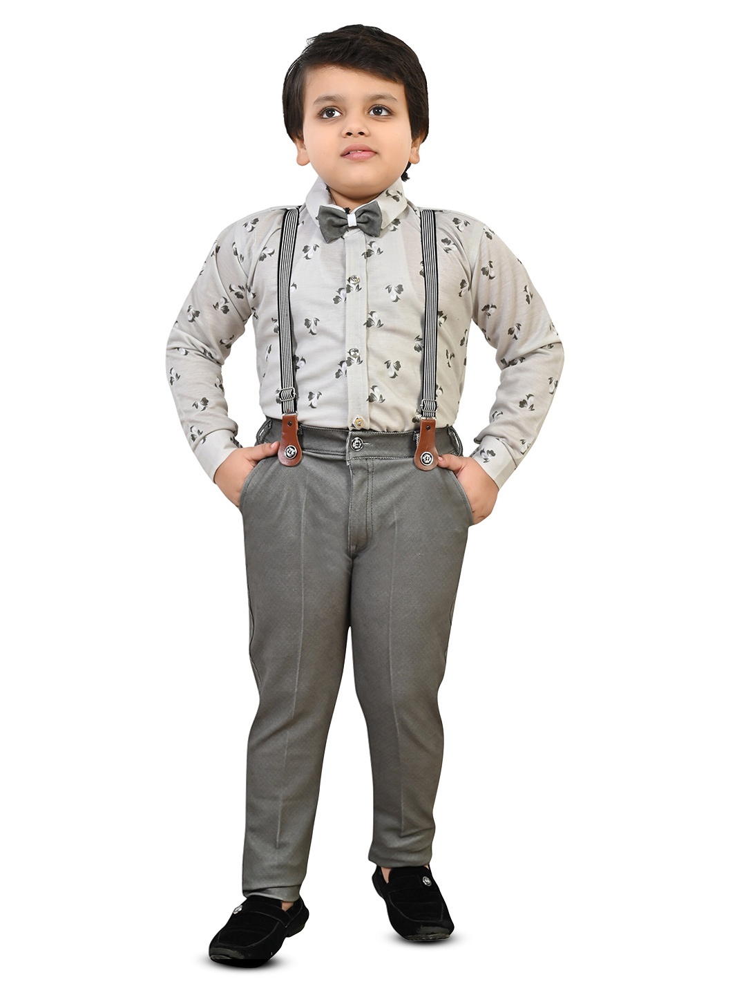 

BAESD Boys Printed Shirt Collar Clothing Set With Suspenders, Grey