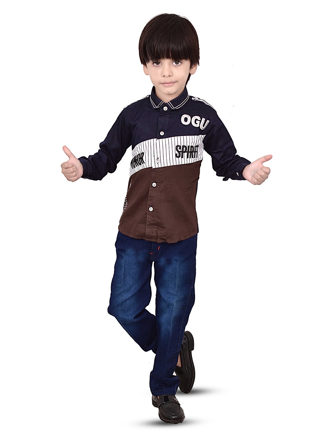 

BAESD Boys Printed Shirt Collar Shirt with Jeans, Brown