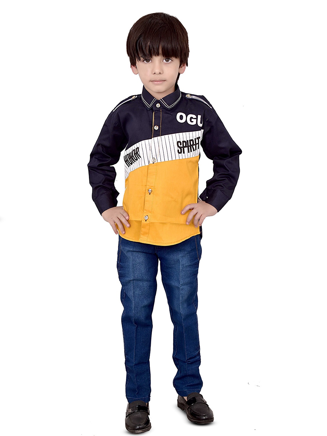 

BAESD Boys Printed Shirt Collar Shirt with Jeans, Yellow