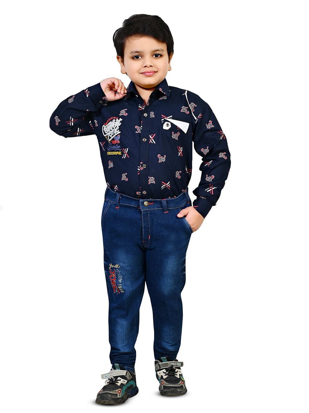 

BAESD Boys Printed Long Sleeves Shirt with Jeans, Blue