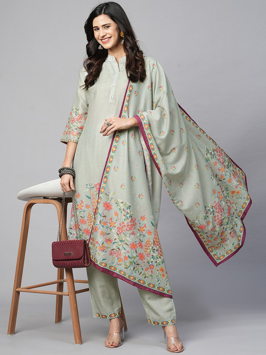 

Kiana Silk Floral Printed Kurta with Palazzos & Dupatta, Sea green