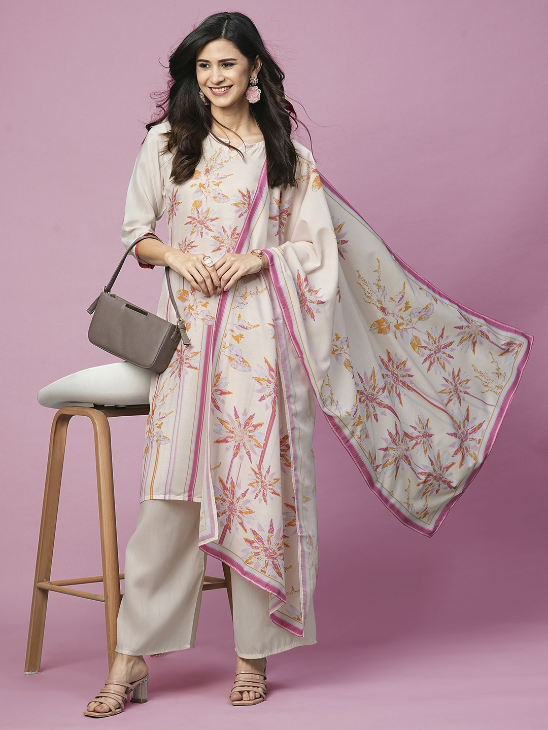 

Kiana House Of Fashion Floral Printed Kurta with Palazzos & Dupatta, Beige