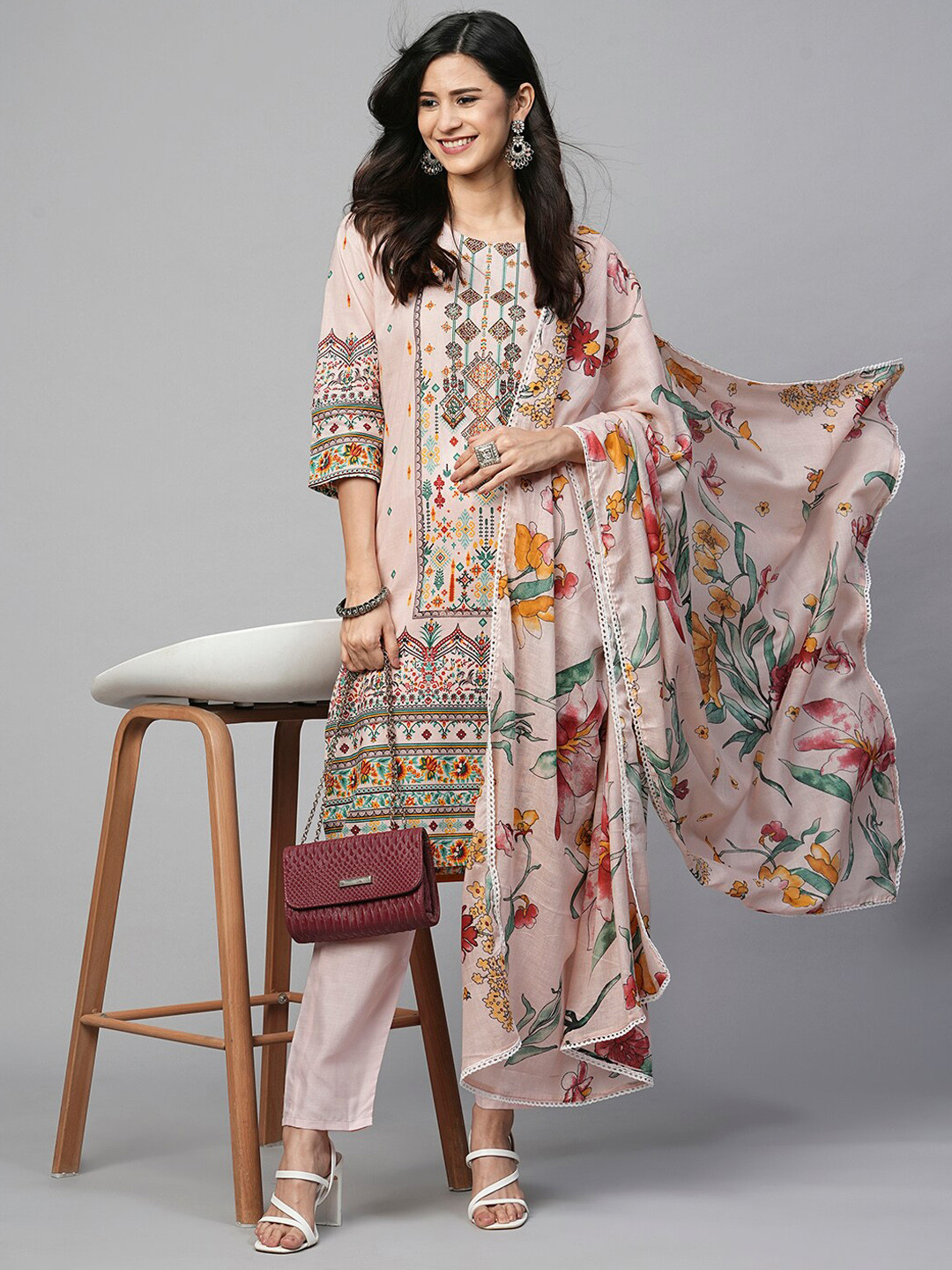 

Kiana Ethnic Motifs Printed Round Neck Pure Cotton Straight Kurta With Trousers & Dupatta, Beige