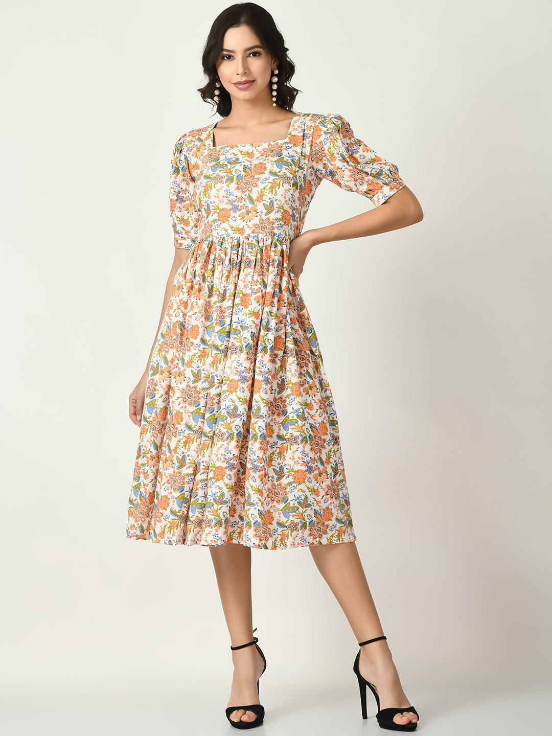 

Akshatani Floral Printed Flared Puff Sleeve Fit & Flare Midi Dress, White