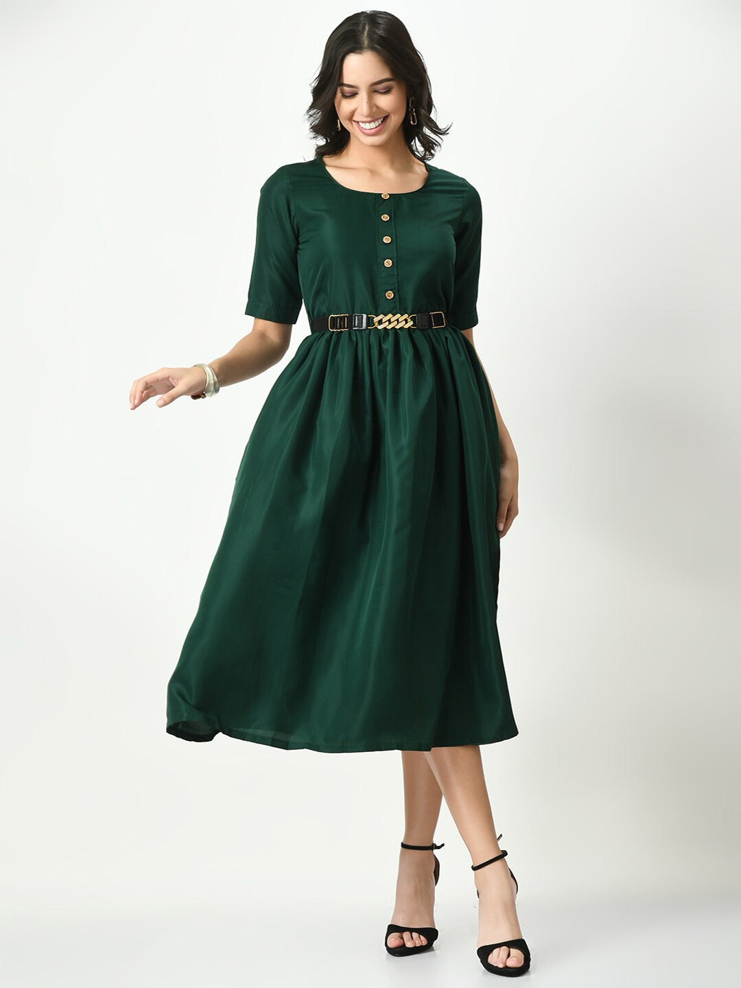 

Akshatani Round Neck Fit & Flare Midi Flared Dress, Green
