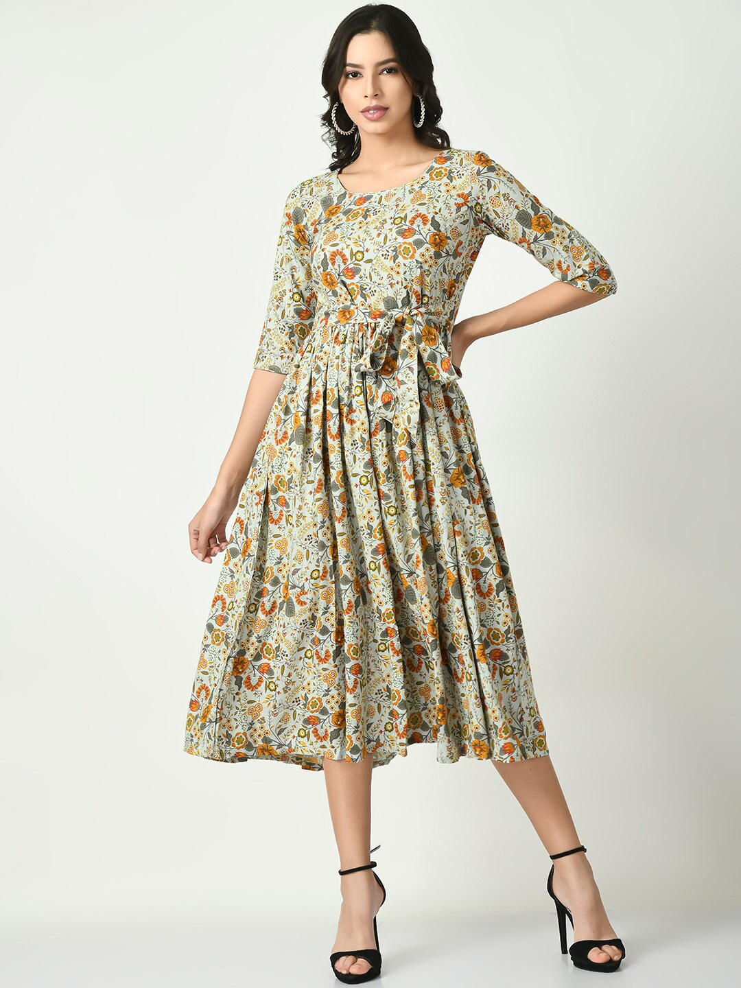 

Akshatani Floral Printed Fit & Flare Midi Dress, Beige