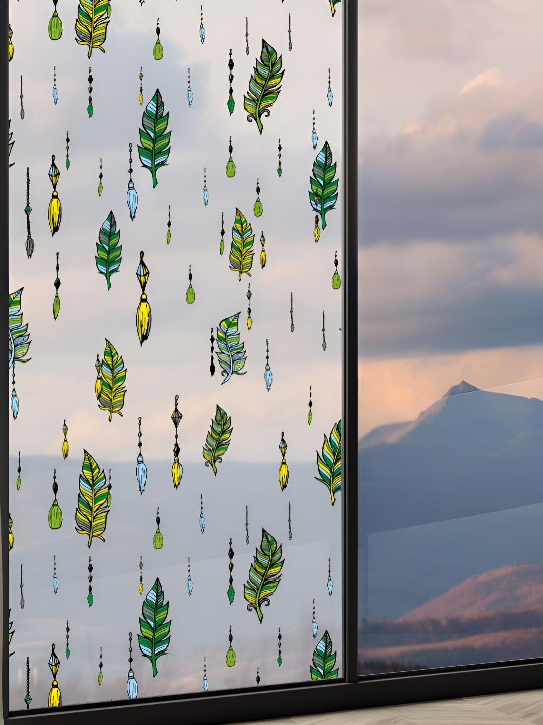 CVANU Transparent & Green Floral Printed Self-Adhesive Window Film