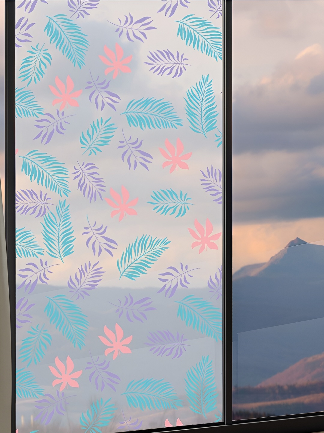 

CVANU Transparent & Blue Floral Printed Self Adhesive Window Film Sticker