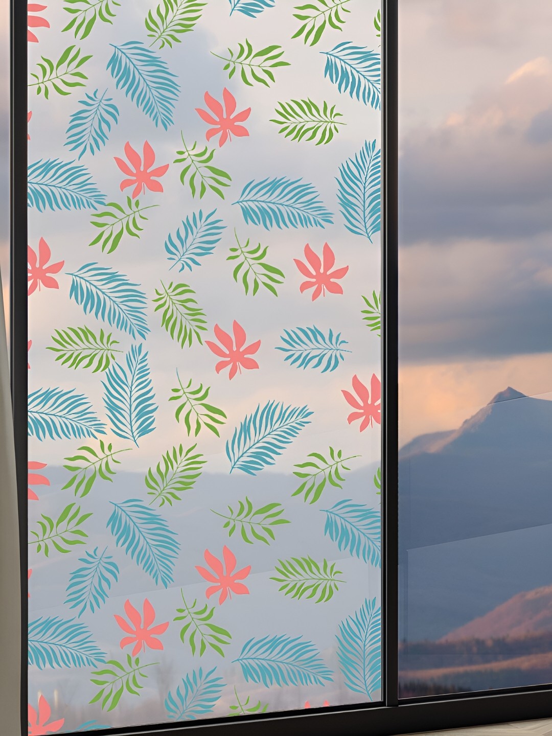 CVANU Transparent & Blue Floral Printed Self Adhesive Window Film